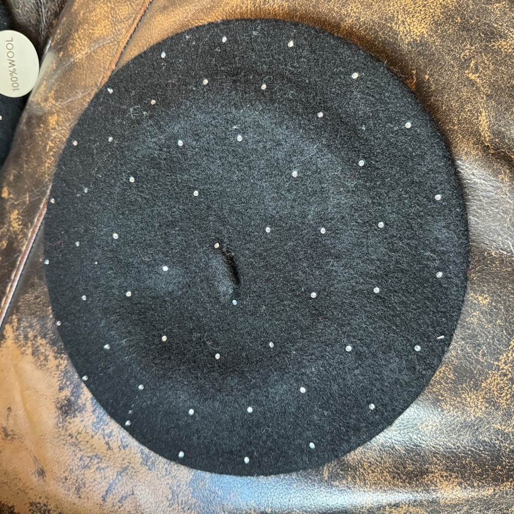 NWT - Black 100% Wool Beret with Crystal Studs Detail
